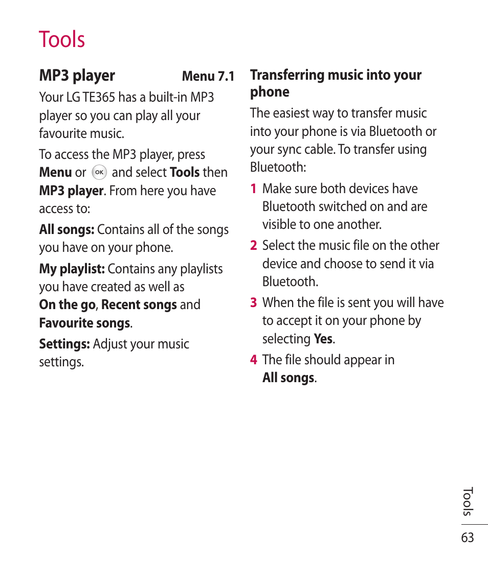 Tools, Mp3 player | LG TE365 User Manual | Page 67 / 107