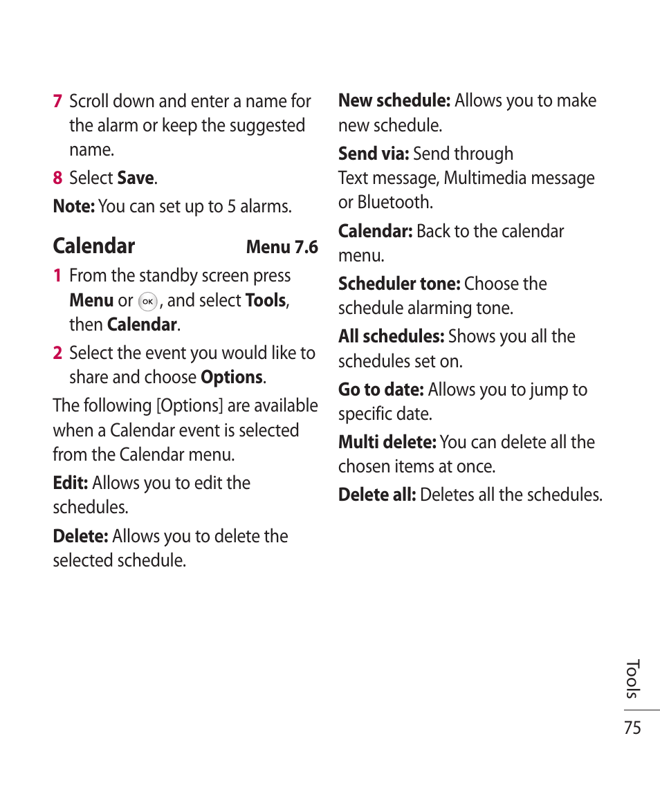Calendar | LG TE365 User Manual | Page 79 / 107