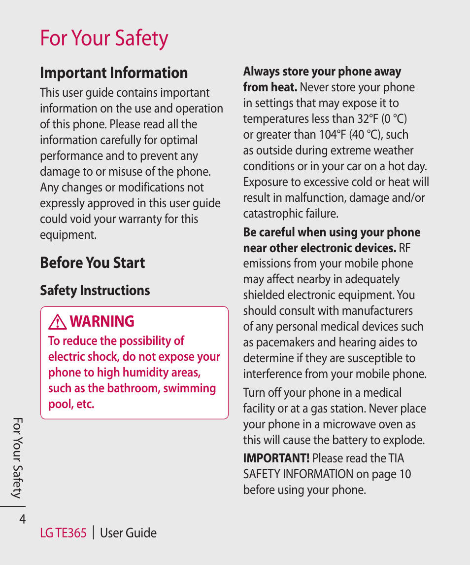 For your safety, Important information, Before you start | Warning | LG TE365 User Manual | Page 8 / 107