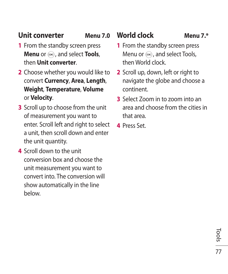 Unit converter, World clock | LG TE365 User Manual | Page 81 / 107