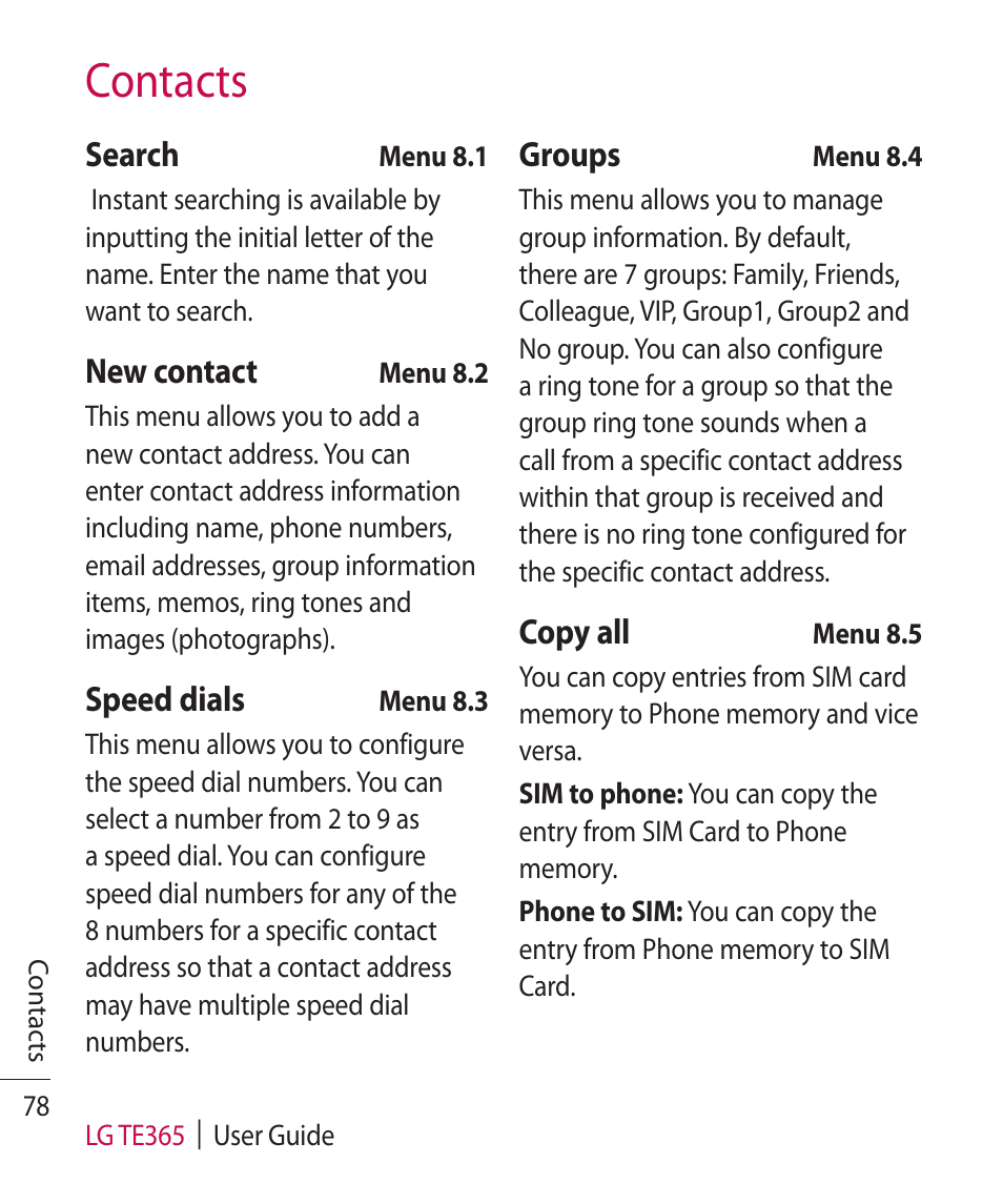 Contacts | LG TE365 User Manual | Page 82 / 107