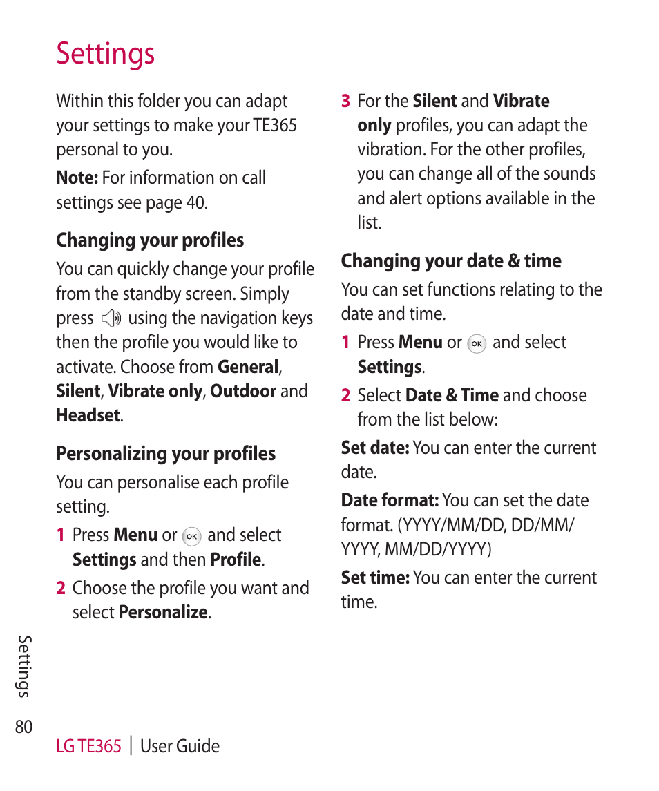 Settings | LG TE365 User Manual | Page 84 / 107