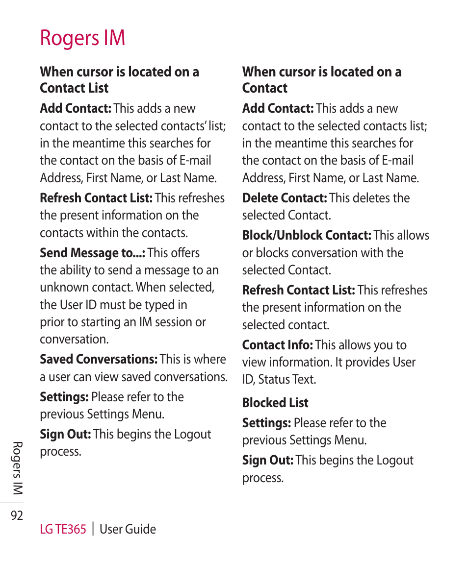 Rogers im | LG TE365 User Manual | Page 96 / 107