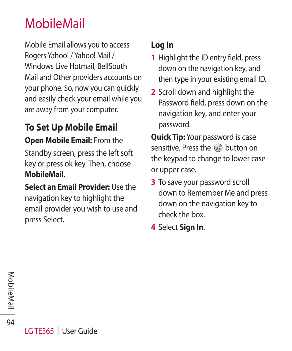 Mobilemail | LG TE365 User Manual | Page 98 / 107