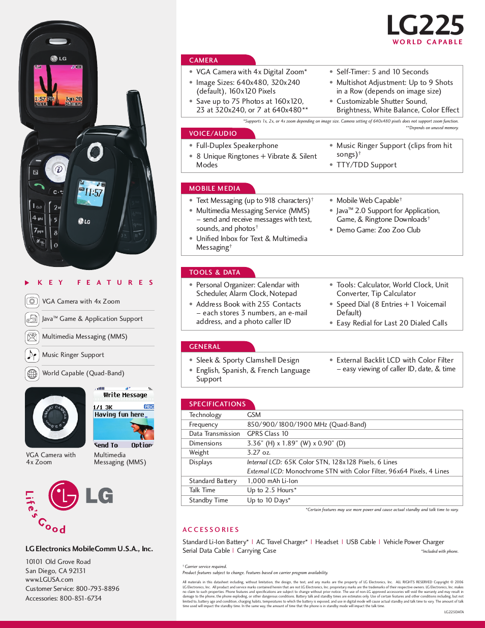 Lg225, Lg electronics mobilecomm u.s.a., inc, Text messaging (up to 918 characters) | Unified inbox for text & multimedia messaging, Mobile web capable, Java, Demo game: zoo zoo club, Tty/tdd support, Tools & data, General | LG CG225 User Manual | Page 2 / 2