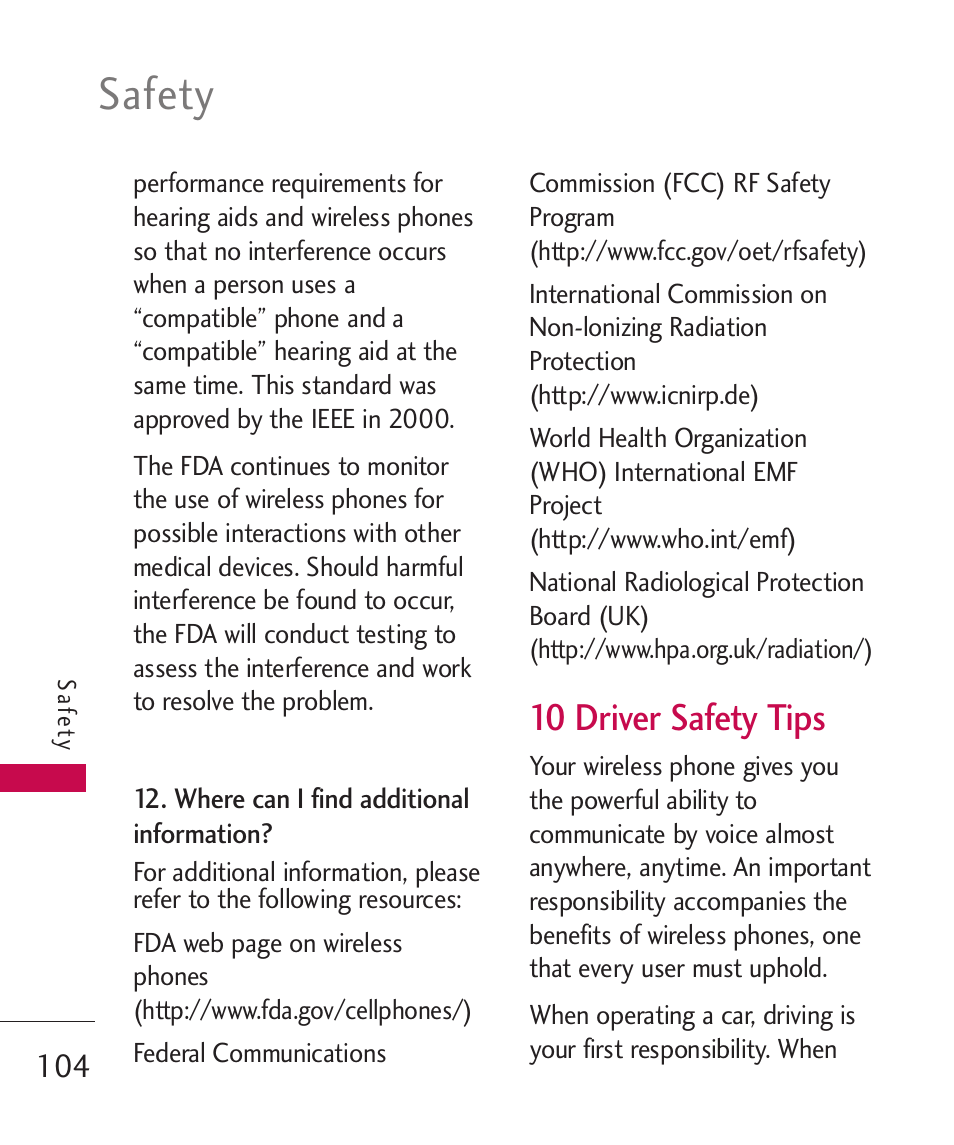 Safety, 10 driver safety tips | LG BANTER UX265G User Manual | Page 106 / 124