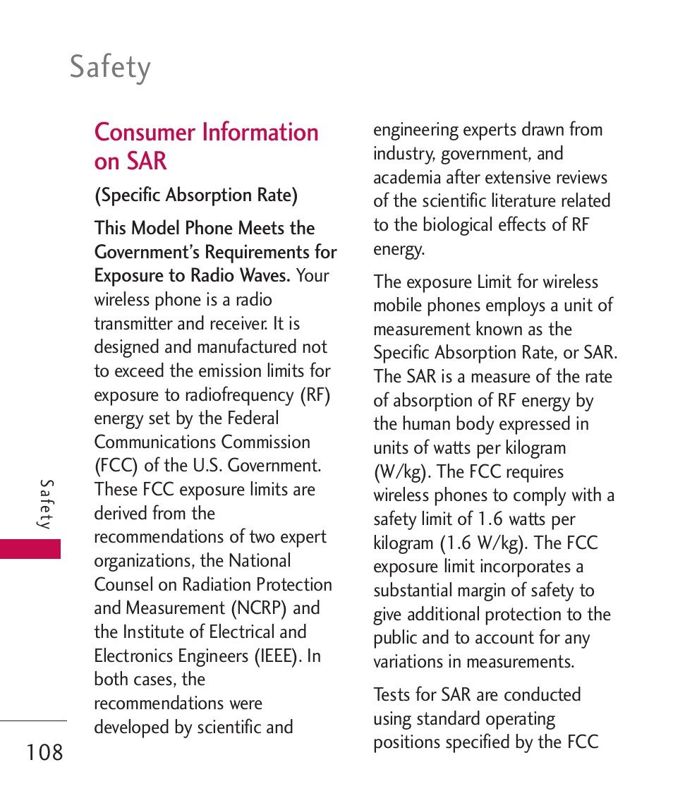 Safety, Consumer information on sar | LG BANTER UX265G User Manual | Page 110 / 124