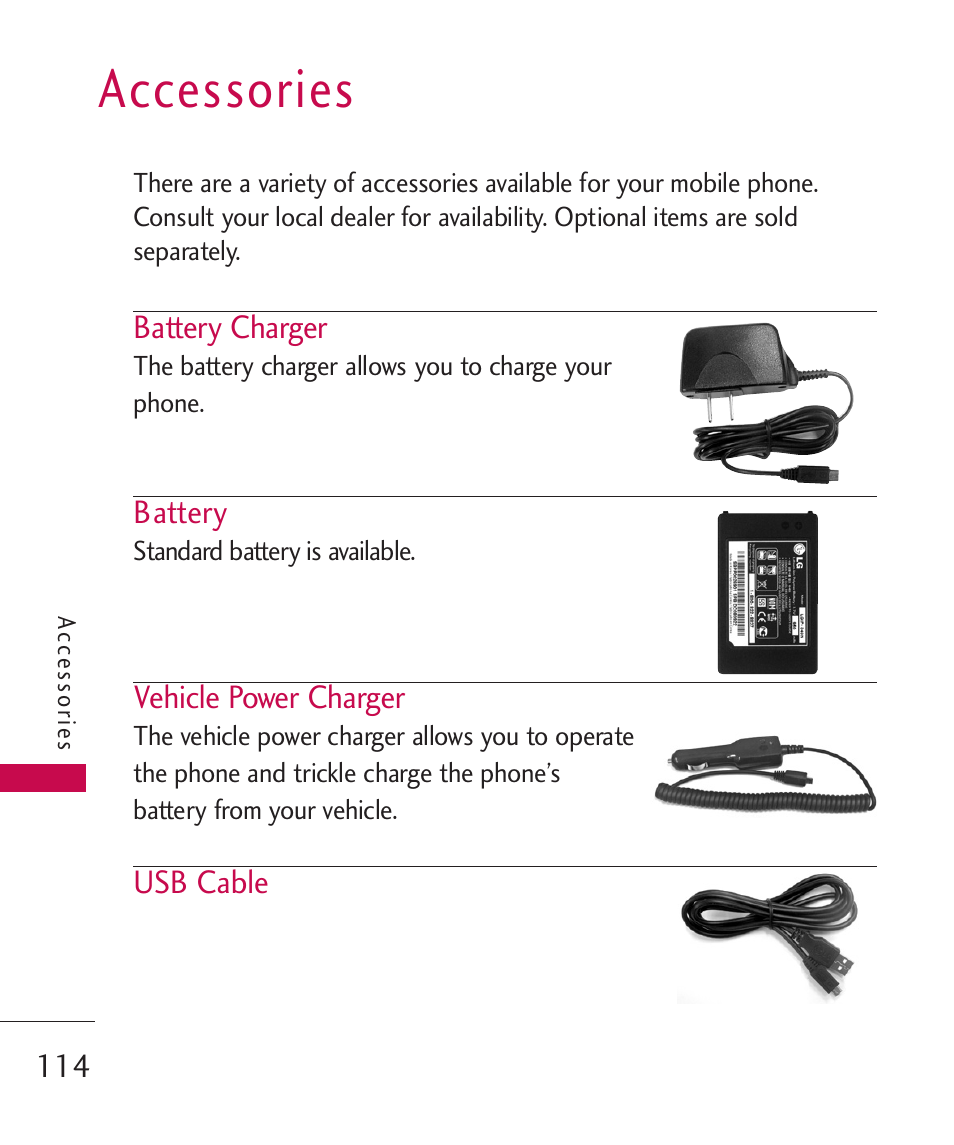 Accessories | LG BANTER UX265G User Manual | Page 116 / 124