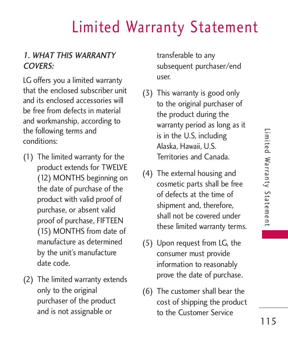 Limited warranty statement | LG BANTER UX265G User Manual | Page 117 / 124