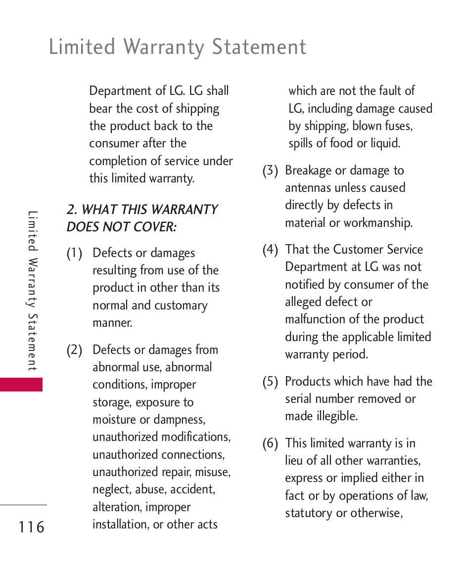 Limited warranty statement | LG BANTER UX265G User Manual | Page 118 / 124