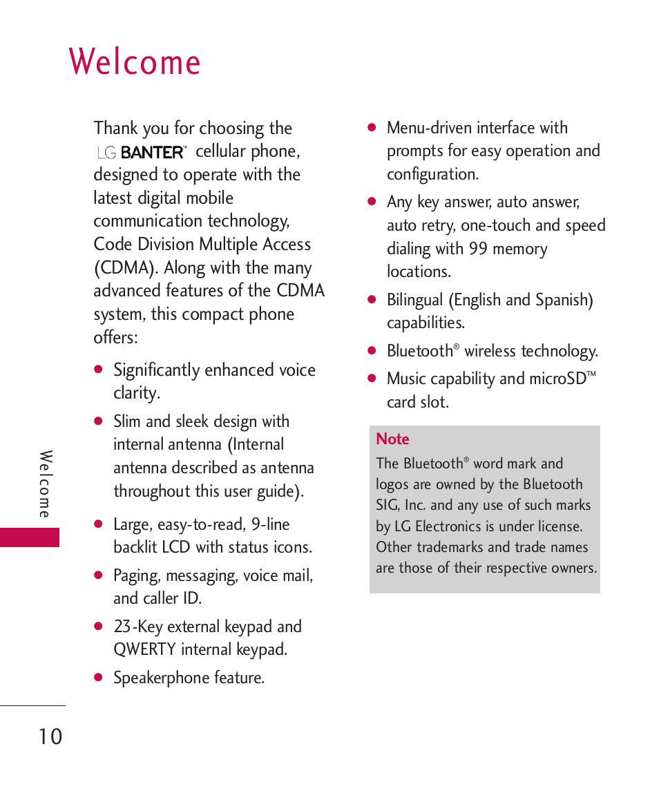 Welcome, Significantly enhanced voice clarity | LG BANTER UX265G User Manual | Page 12 / 124