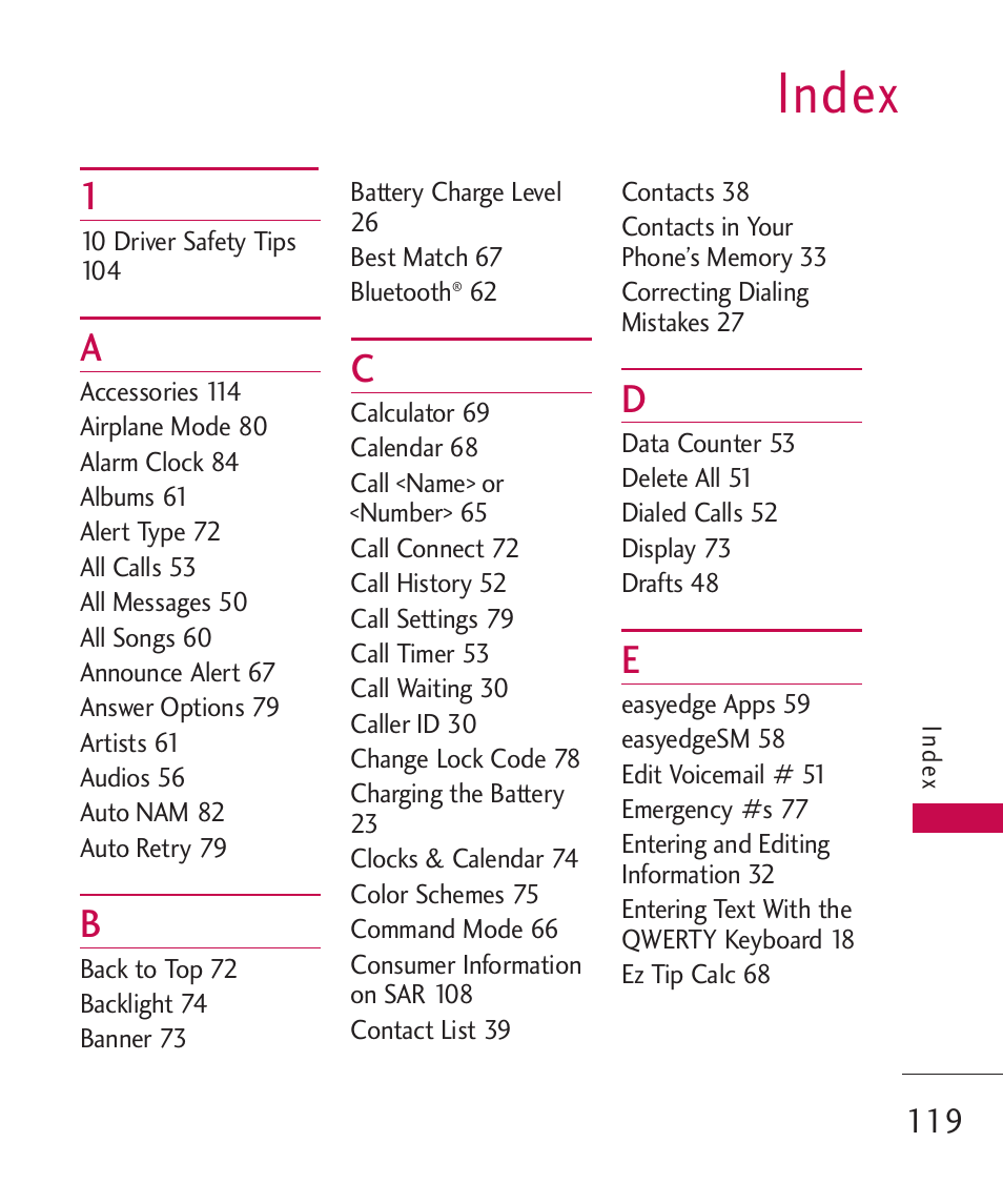 Index | LG BANTER UX265G User Manual | Page 121 / 124