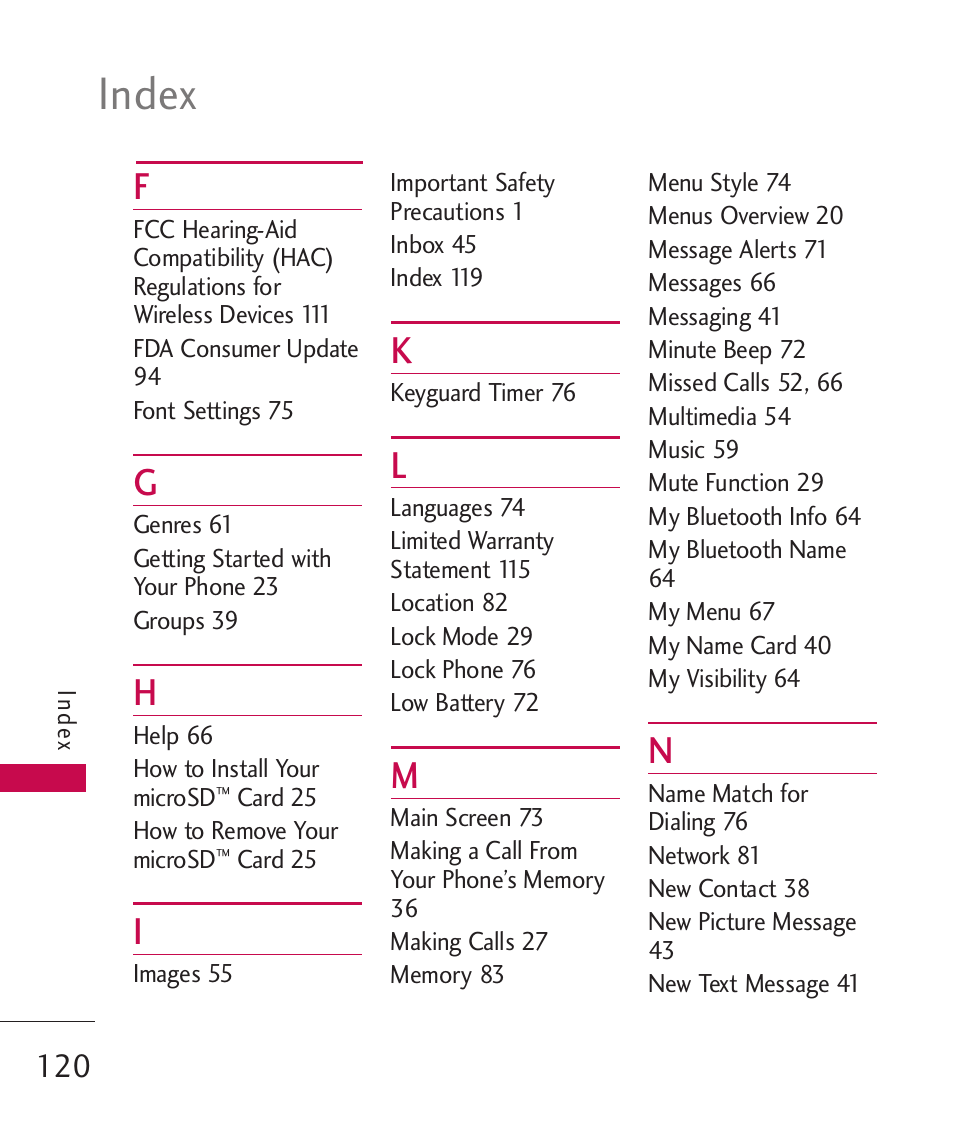 Index | LG BANTER UX265G User Manual | Page 122 / 124