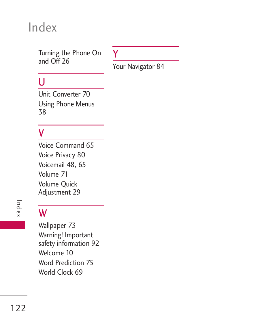 Index | LG BANTER UX265G User Manual | Page 124 / 124