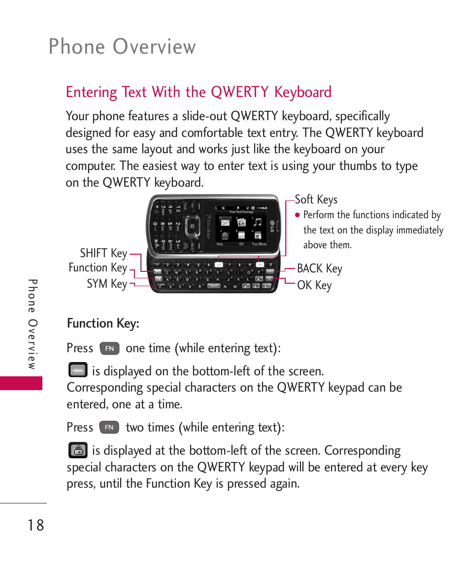 Phone overview, Entering text with the qwerty keyboard | LG BANTER UX265G User Manual | Page 20 / 124