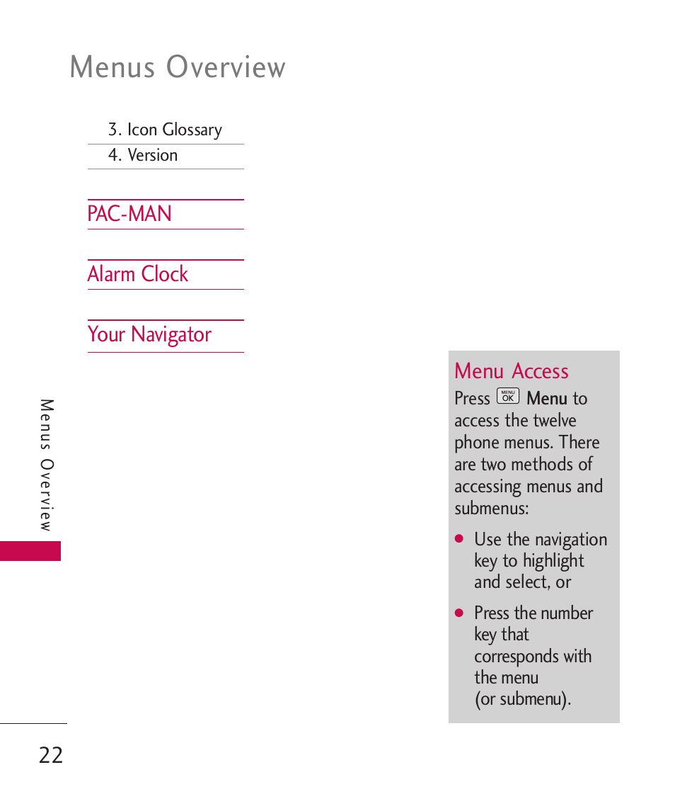 Menus overview, Pac-man alarm clock your navigator menu access | LG BANTER UX265G User Manual | Page 24 / 124