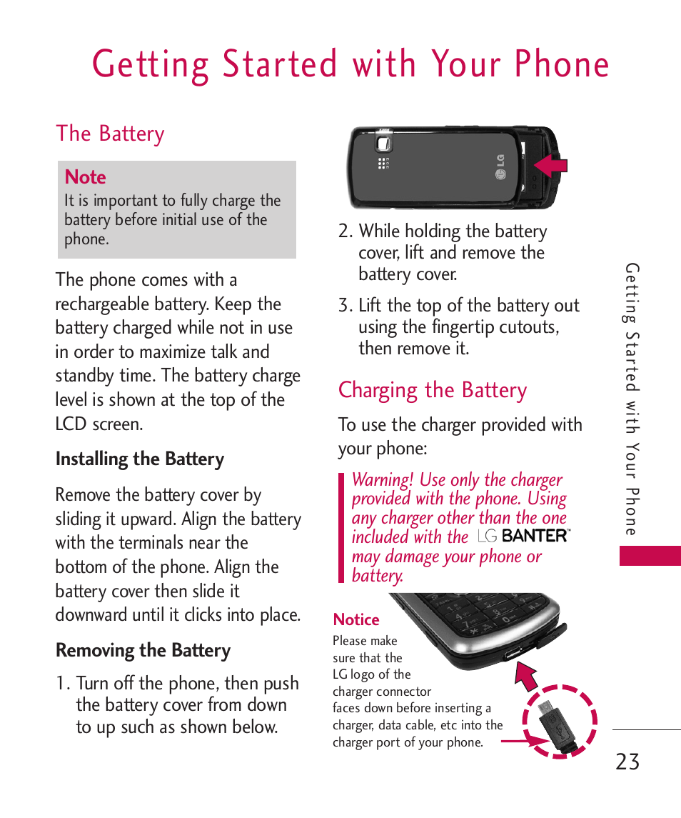 Getting started with your phone, The battery, Charging the battery | LG BANTER UX265G User Manual | Page 25 / 124