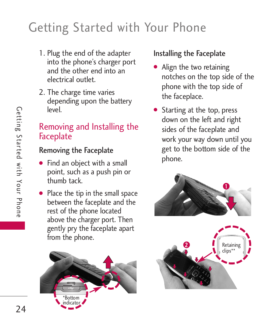 Getting started with your phone, Removing and installing the faceplate | LG BANTER UX265G User Manual | Page 26 / 124