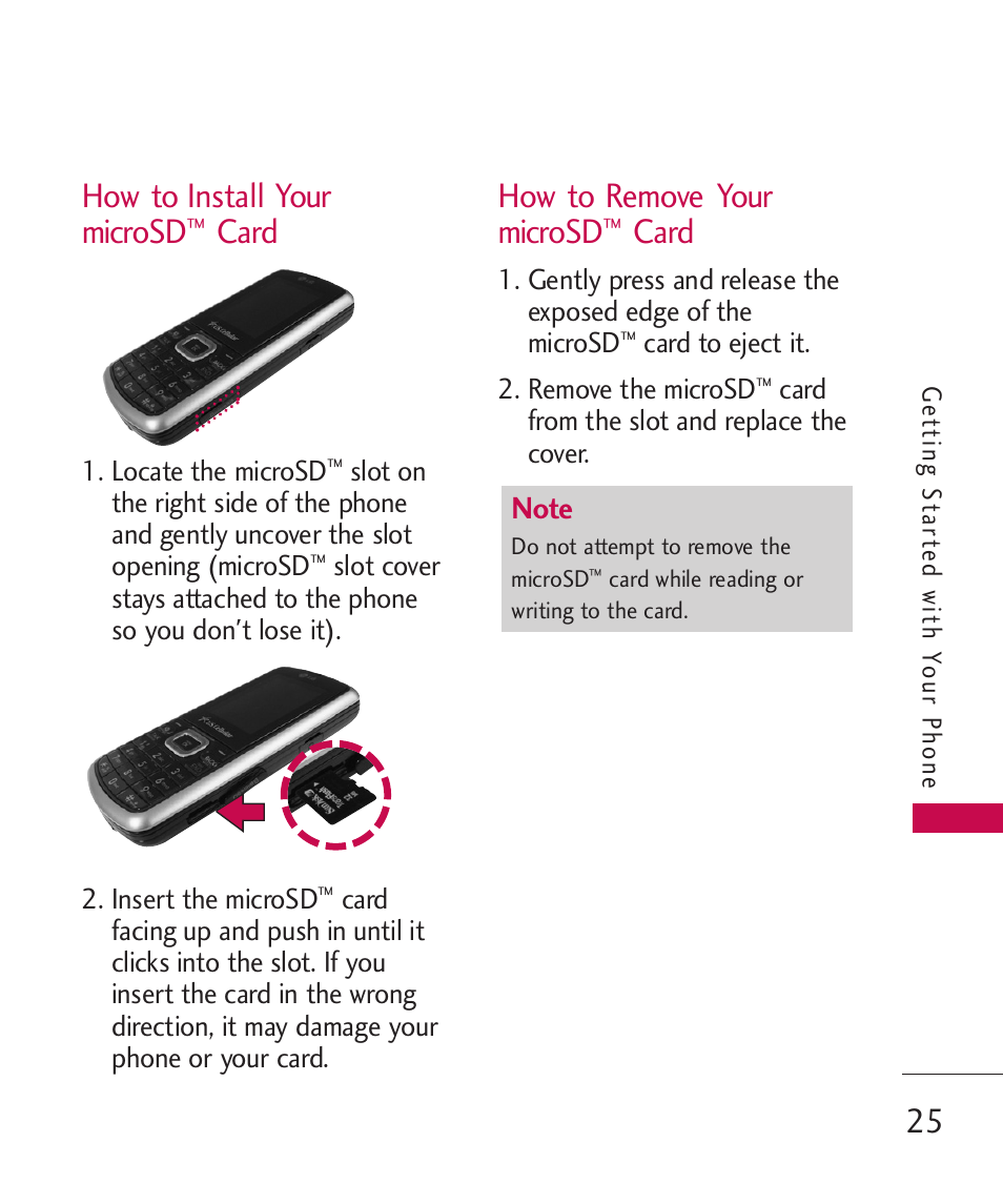 How to install your microsd, Card, How to remove your microsd | LG BANTER UX265G User Manual | Page 27 / 124