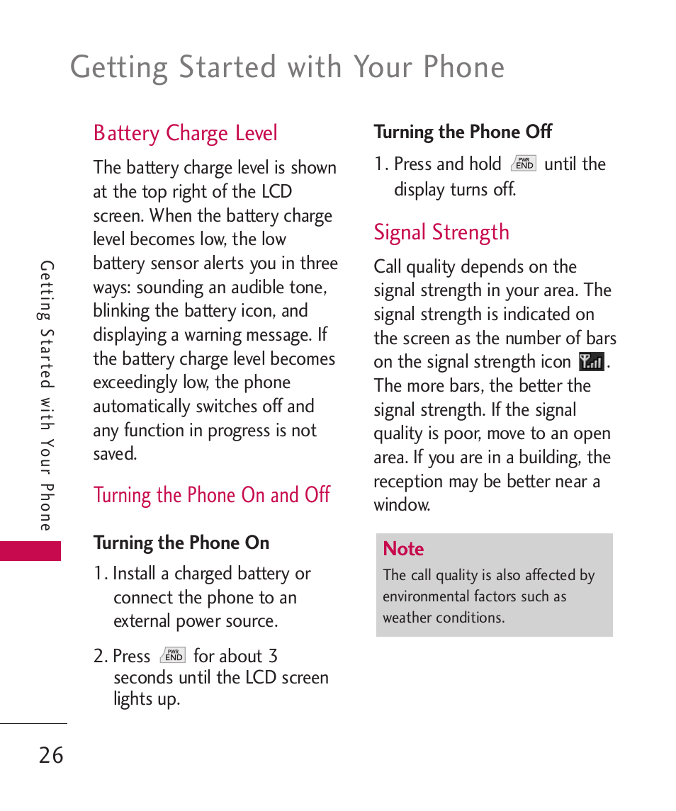 Getting started with your phone, Battery charge level, Turning the phone on and off | Signal strength | LG BANTER UX265G User Manual | Page 28 / 124