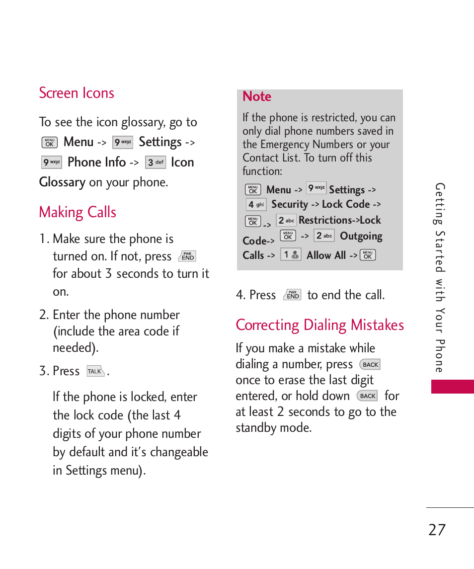 Screen icons, Making calls, Correcting dialing mistakes | LG BANTER UX265G User Manual | Page 29 / 124