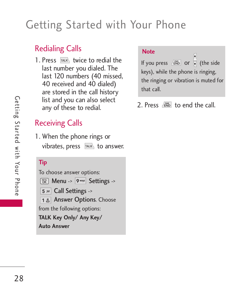 Getting started with your phone, Redialing calls, Receiving calls | LG BANTER UX265G User Manual | Page 30 / 124