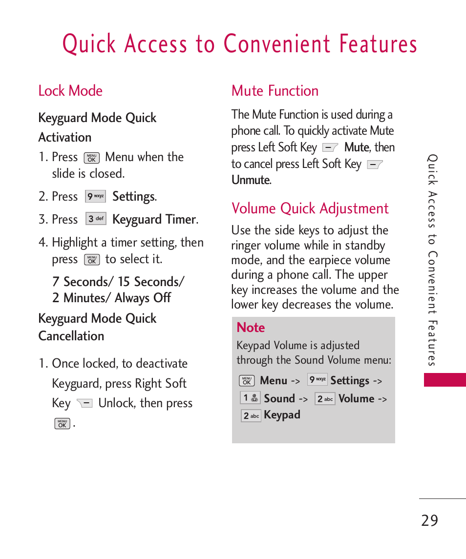 Quick access to convenient features, Lock mode, Mute function | Volume quick adjustment | LG BANTER UX265G User Manual | Page 31 / 124