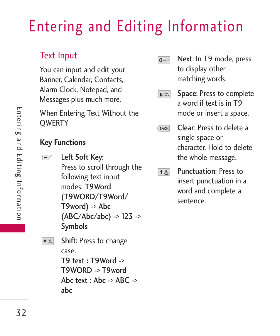 Entering and editing information | LG BANTER UX265G User Manual | Page 34 / 124