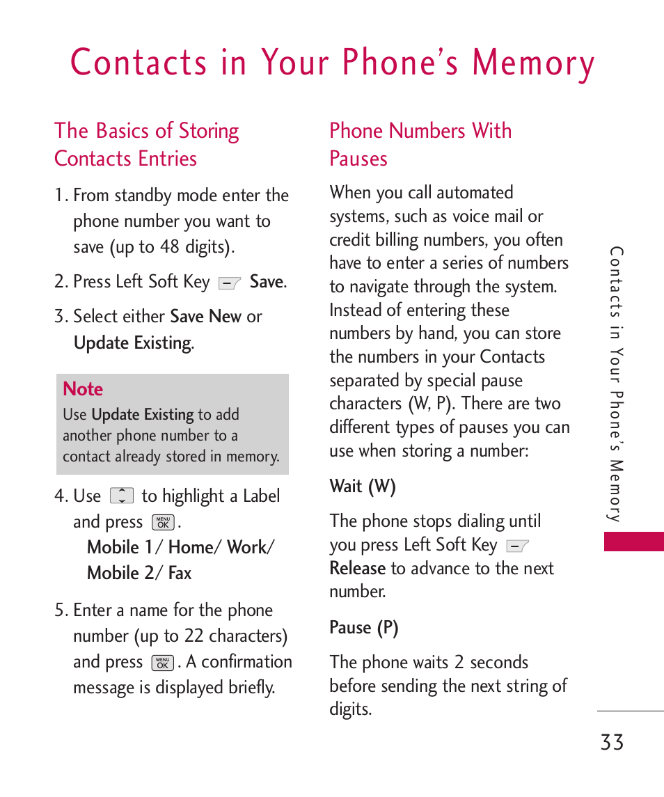 The basics of storing contacts entries, Phone numbers with pauses | LG BANTER UX265G User Manual | Page 35 / 124