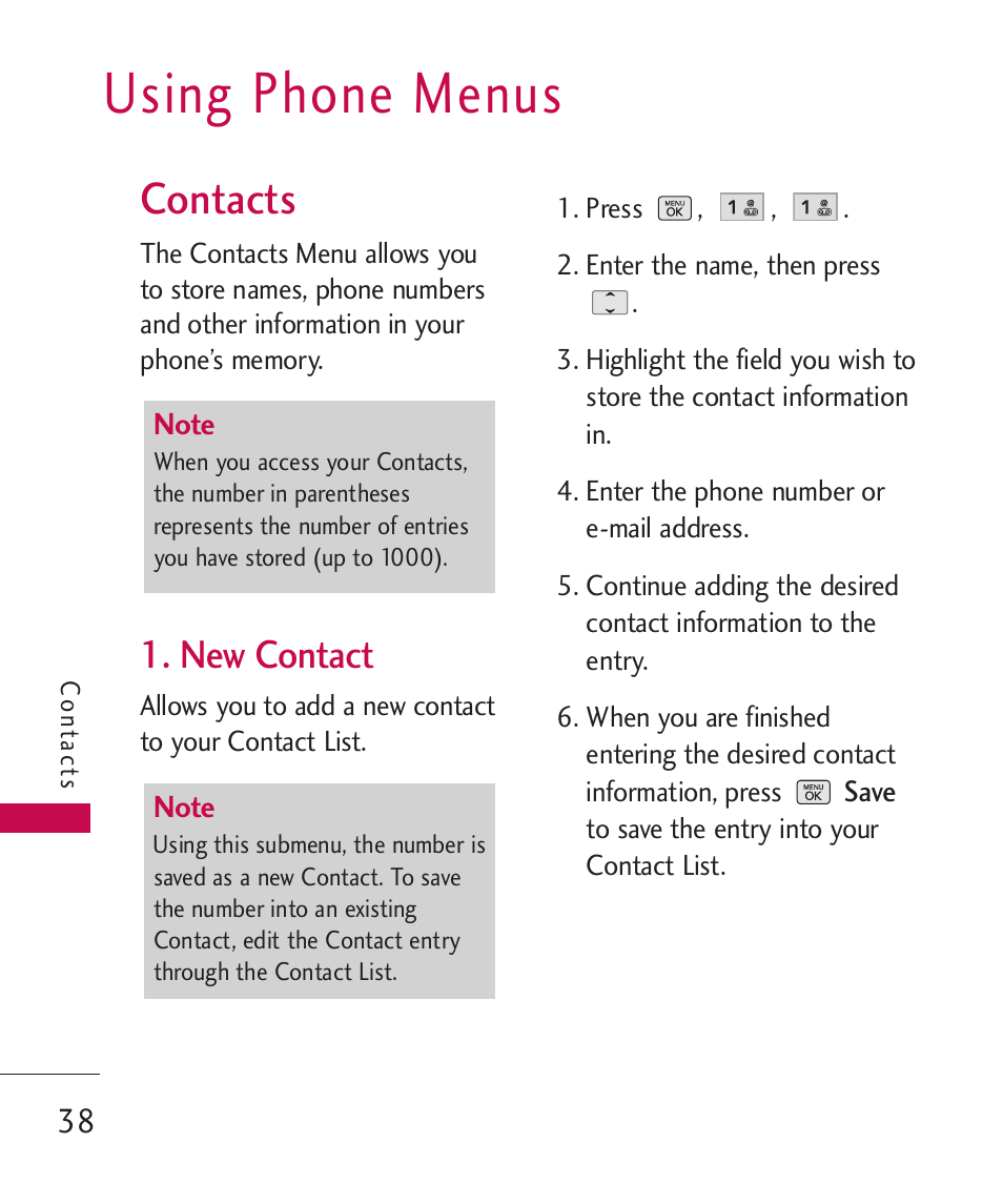 Using phone menus, Contacts, New contact | LG BANTER UX265G User Manual | Page 40 / 124