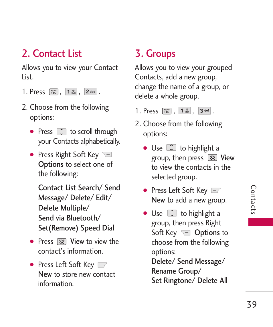 Contact list, Groups | LG BANTER UX265G User Manual | Page 41 / 124