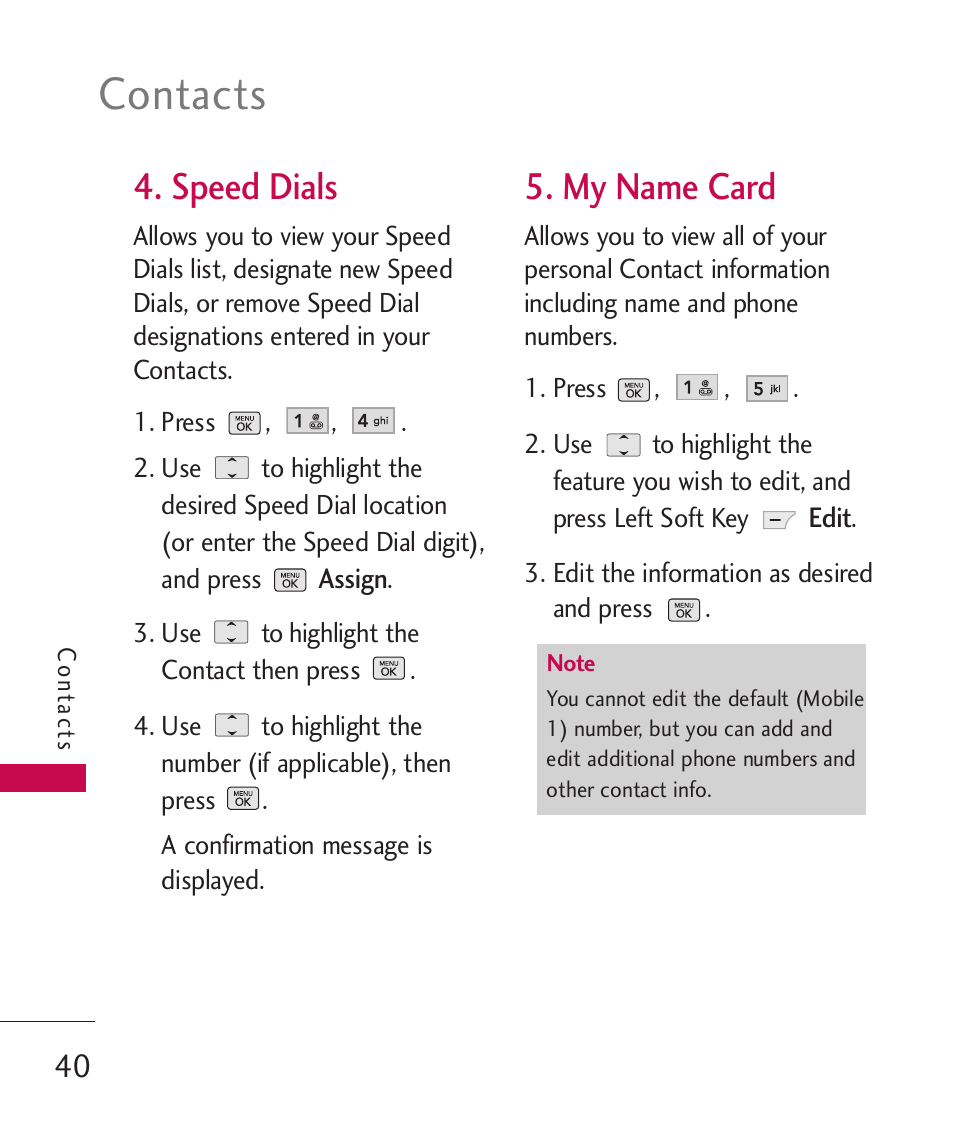 Contacts, Speed dials, My name card | LG BANTER UX265G User Manual | Page 42 / 124