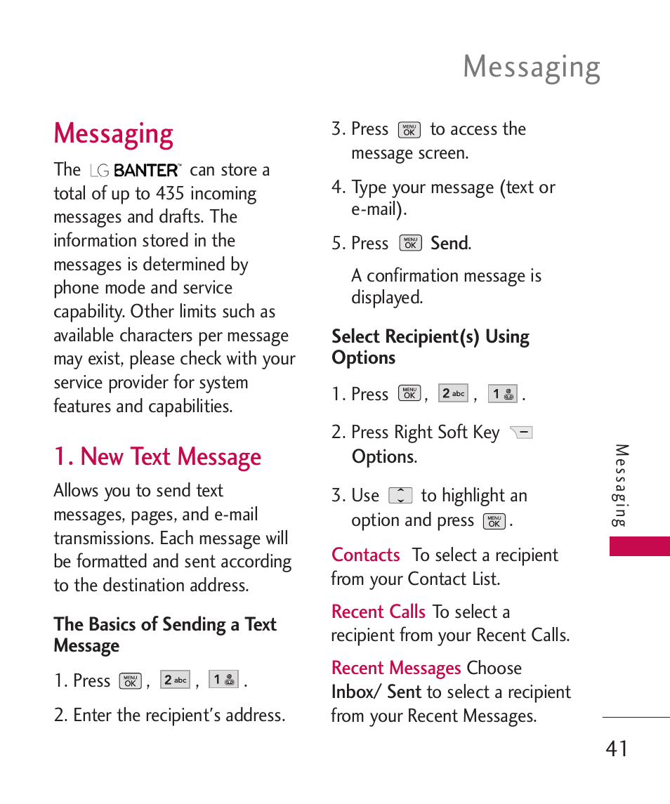 Messaging, New text message | LG BANTER UX265G User Manual | Page 43 / 124