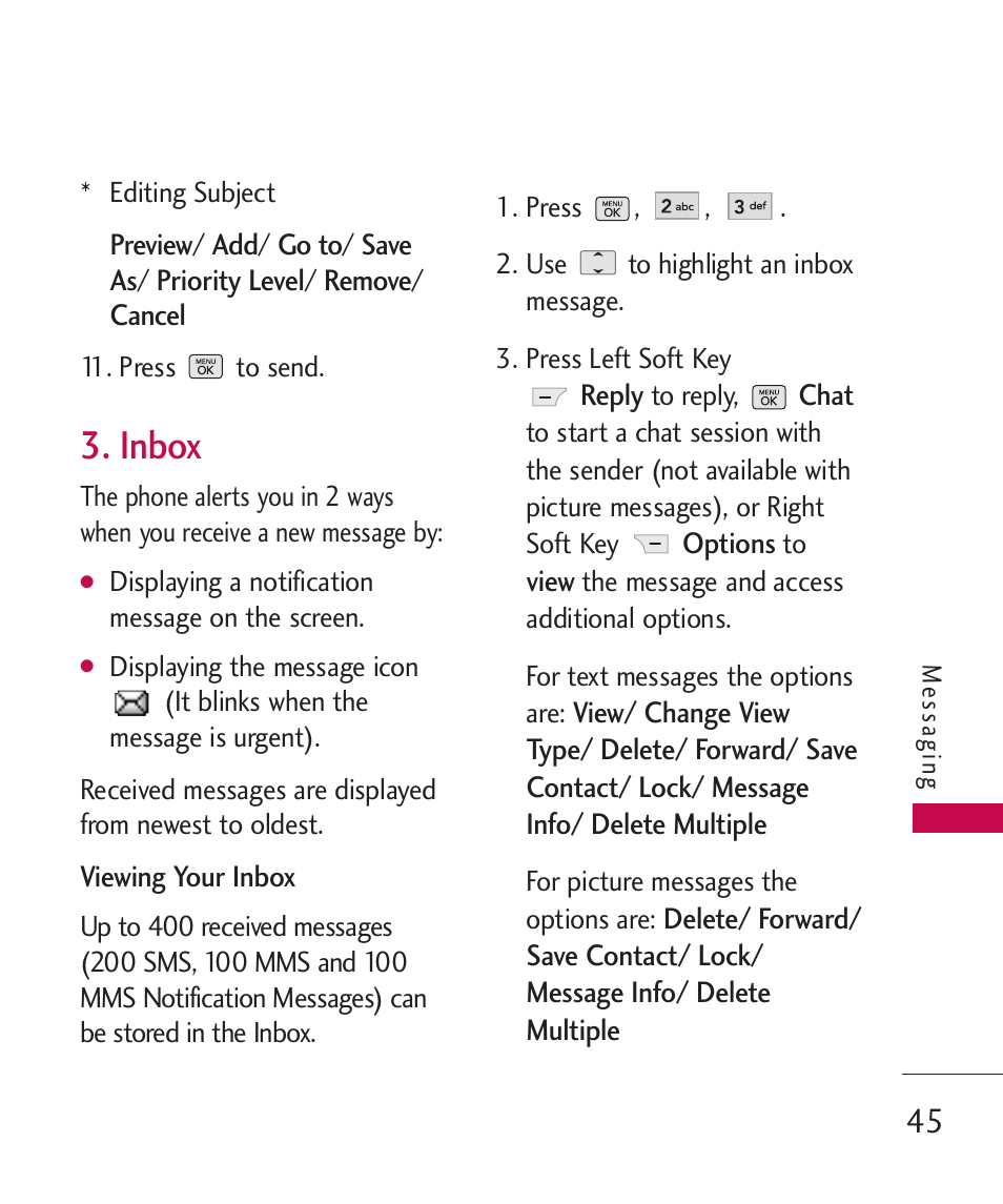 Inbox | LG BANTER UX265G User Manual | Page 47 / 124