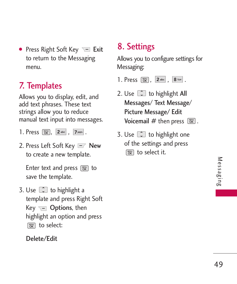 Templates, Settings | LG BANTER UX265G User Manual | Page 51 / 124