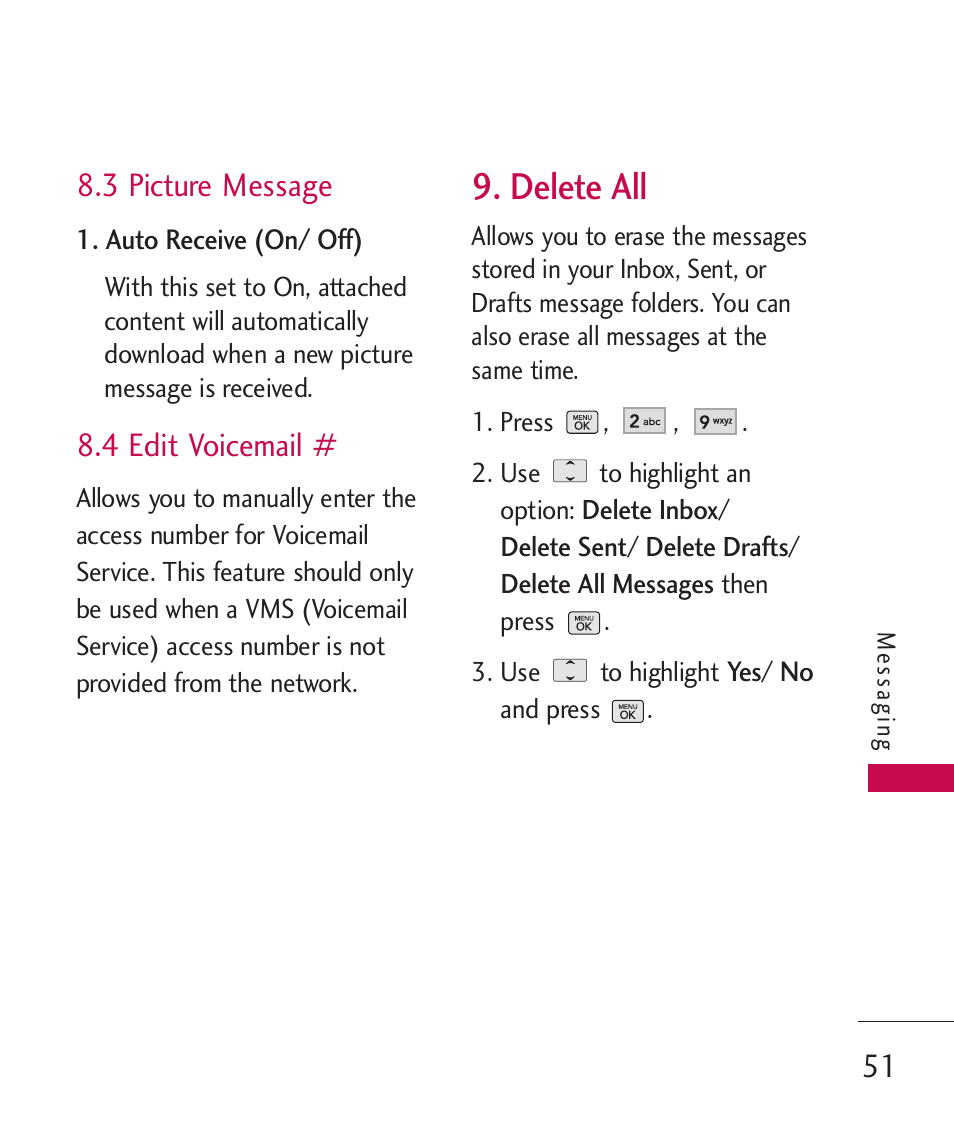 Delete all, 3 picture message, 4 edit voicemail | LG BANTER UX265G User Manual | Page 53 / 124