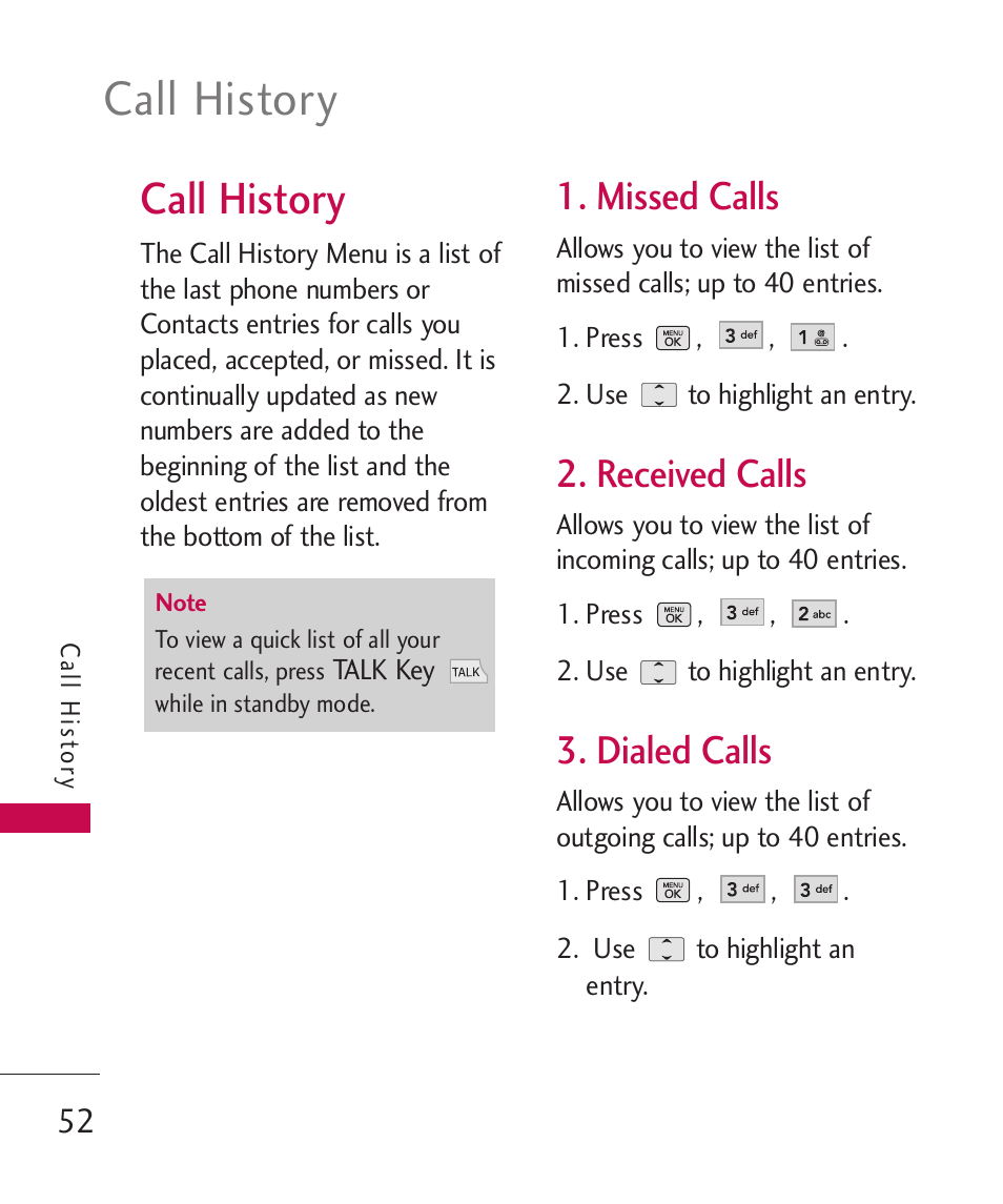 Call history, Missed calls, Received calls | Dialed calls | LG BANTER UX265G User Manual | Page 54 / 124