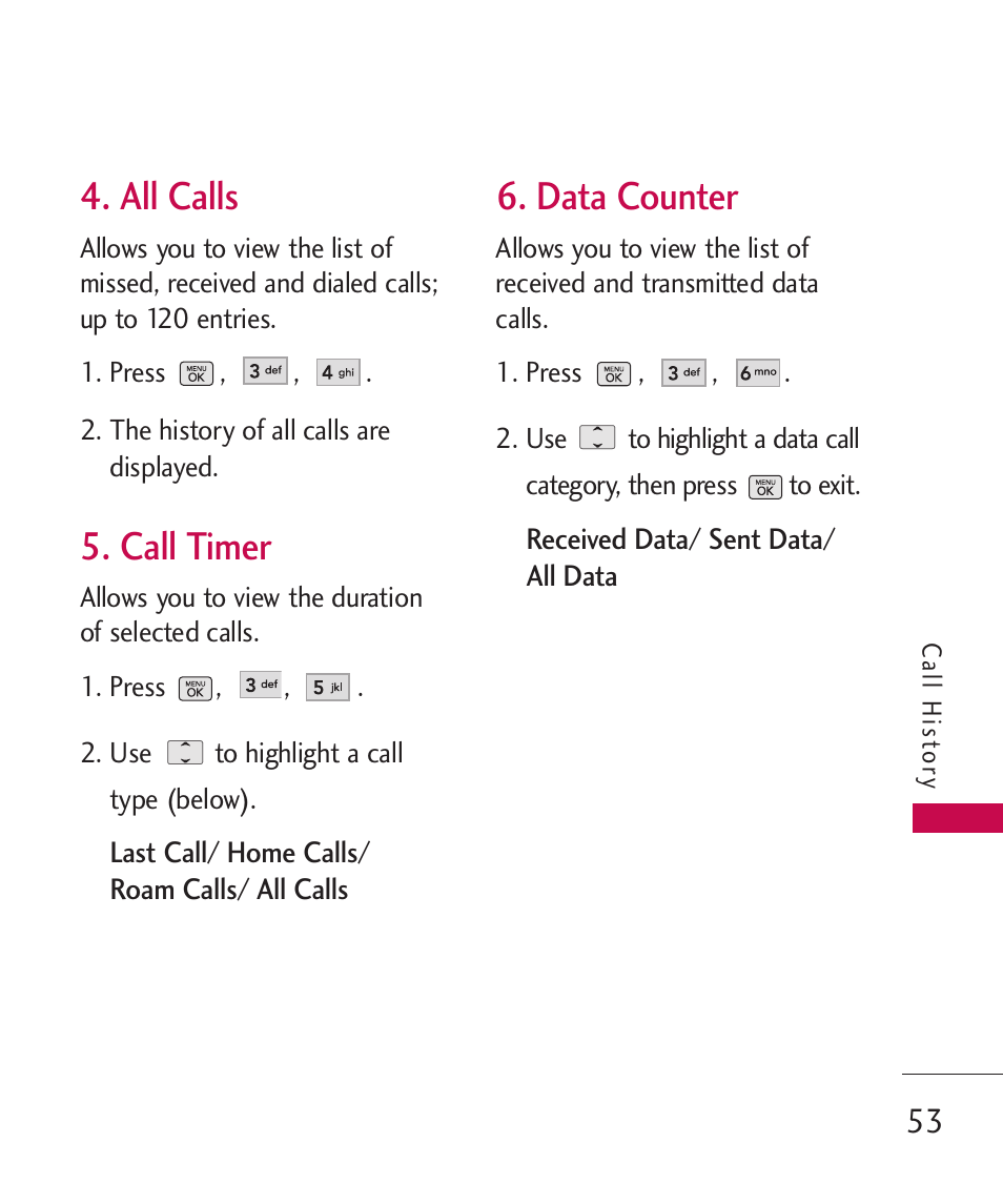 All calls, Call timer, Data counter | LG BANTER UX265G User Manual | Page 55 / 124