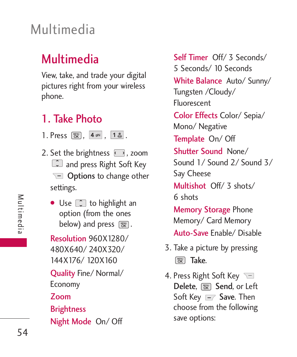 Multimedia, Take photo | LG BANTER UX265G User Manual | Page 56 / 124