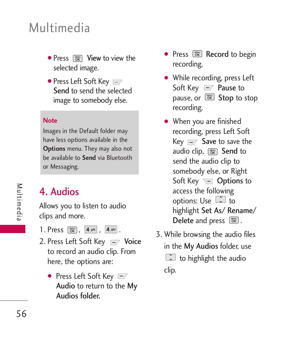 Multimedia, Audios | LG BANTER UX265G User Manual | Page 58 / 124