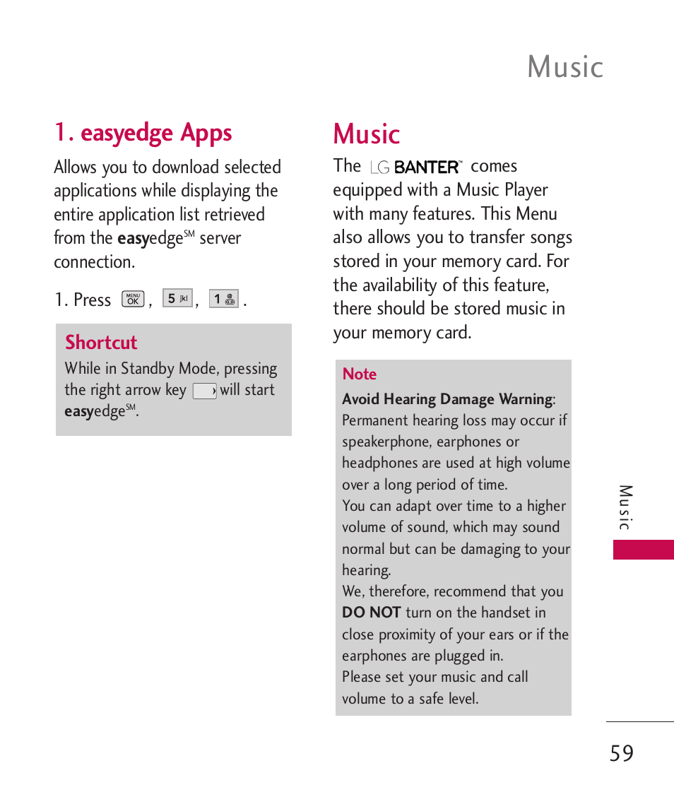 Music, Easyedge apps | LG BANTER UX265G User Manual | Page 61 / 124