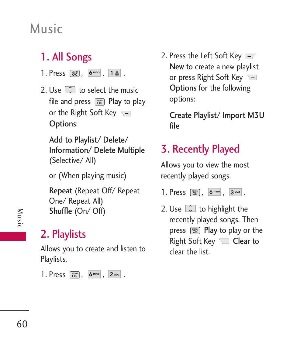 Music, All songs, Playlists | Recently played | LG BANTER UX265G User Manual | Page 62 / 124