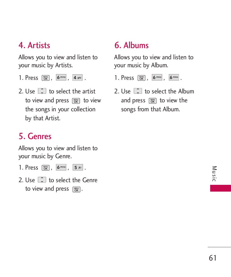 Artists, Genres, Albums | LG BANTER UX265G User Manual | Page 63 / 124