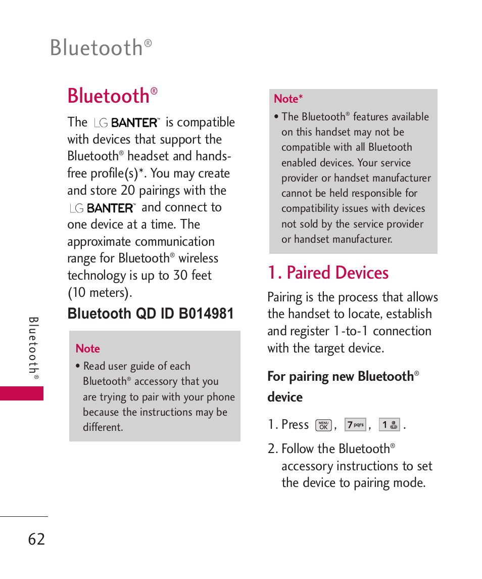 Bluetooth, Paired devices | LG BANTER UX265G User Manual | Page 64 / 124