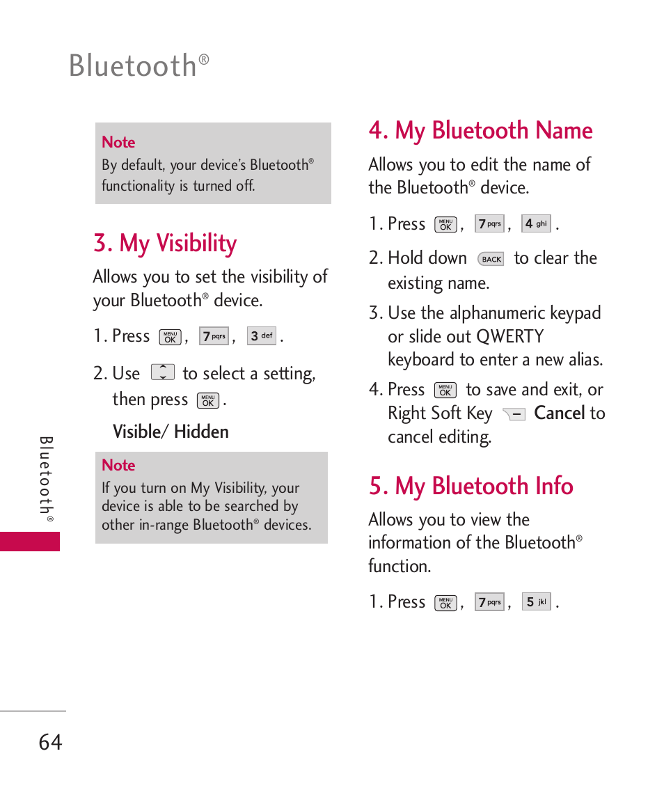 Bluetooth, My visibility, My bluetooth name | My bluetooth info | LG BANTER UX265G User Manual | Page 66 / 124