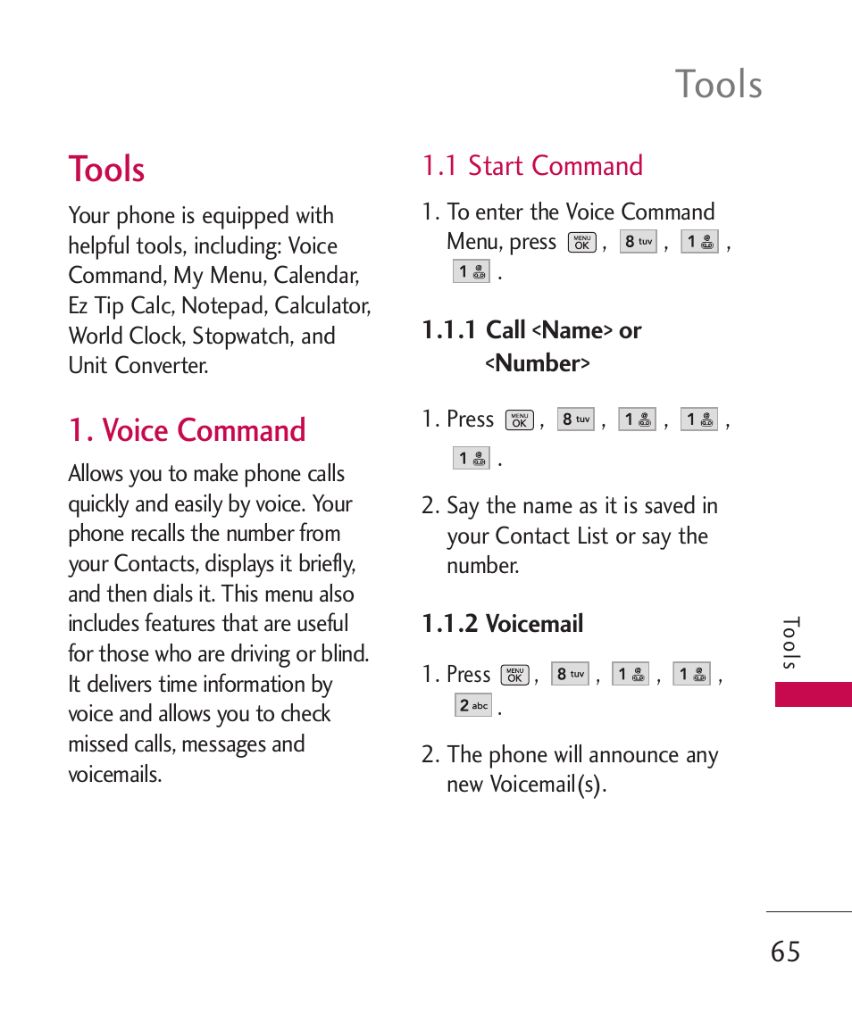 Tools, Voice command | LG BANTER UX265G User Manual | Page 67 / 124