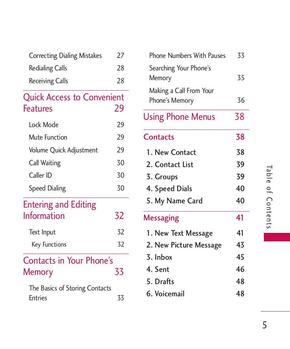 Quick access to convenient features 29, Entering and editing information 32, Using phone menus 38 | LG BANTER UX265G User Manual | Page 7 / 124