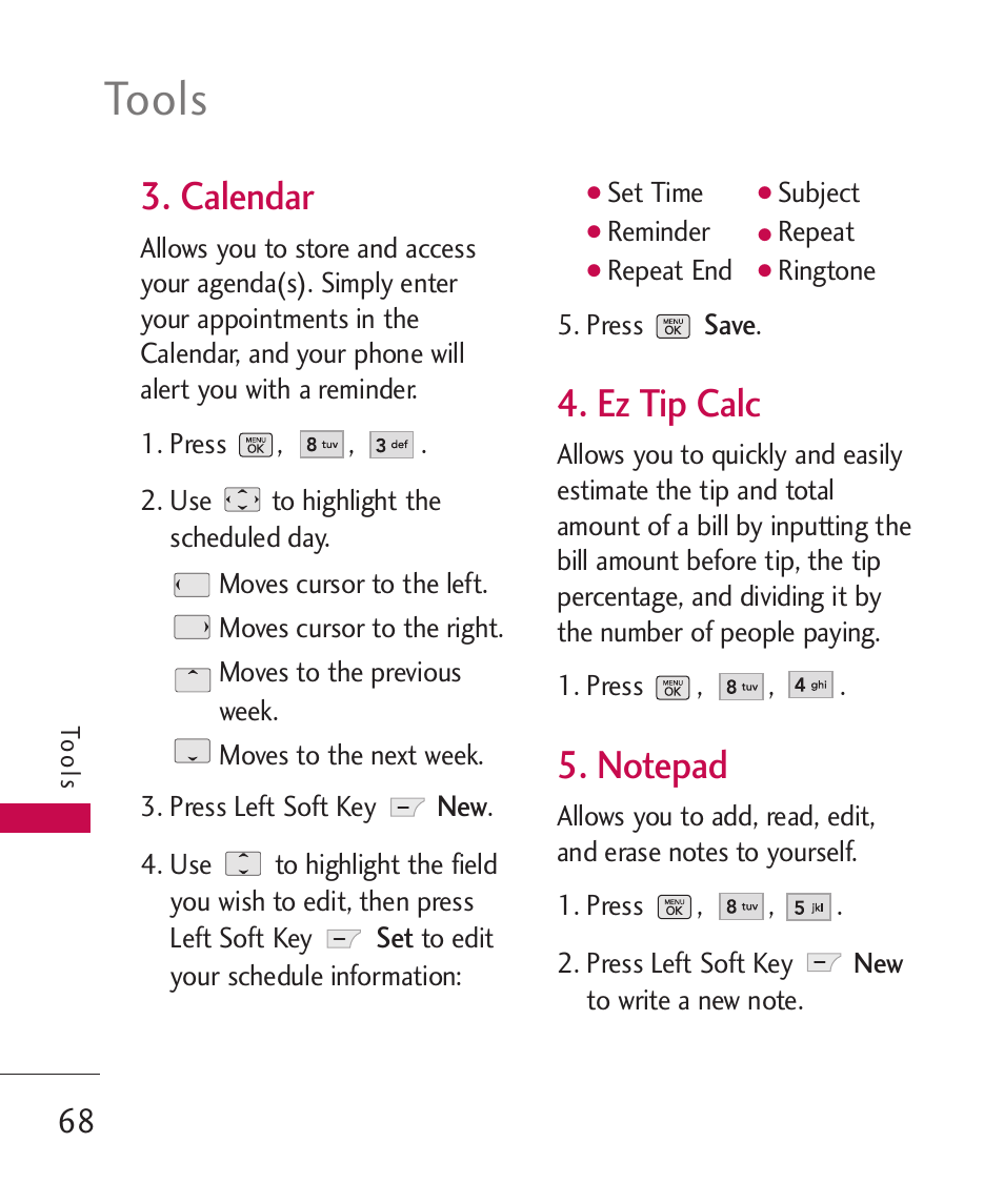 Tools, Calendar, Ez tip calc | LG BANTER UX265G User Manual | Page 70 / 124