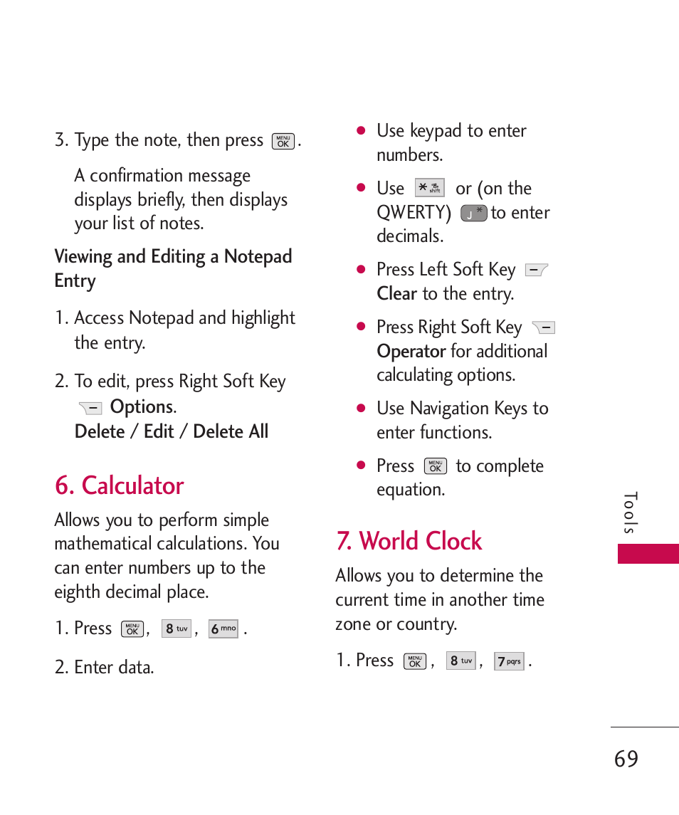 Calculator, World clock | LG BANTER UX265G User Manual | Page 71 / 124