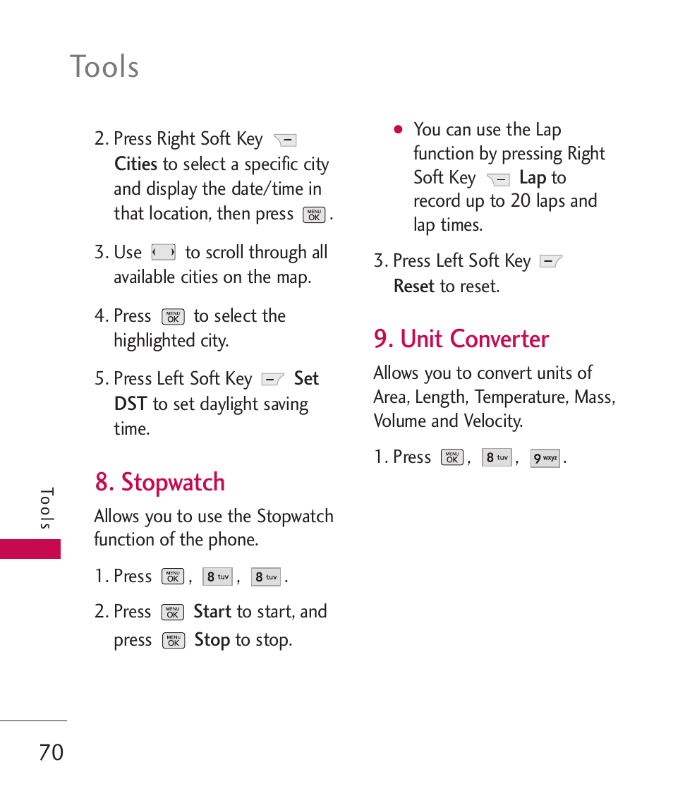 Tools, Stopwatch, Unit converter | LG BANTER UX265G User Manual | Page 72 / 124